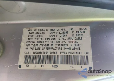 2006 Honda Accord 2.4 Ex из США, поврежденный, VIN 1HGCM56796A149868